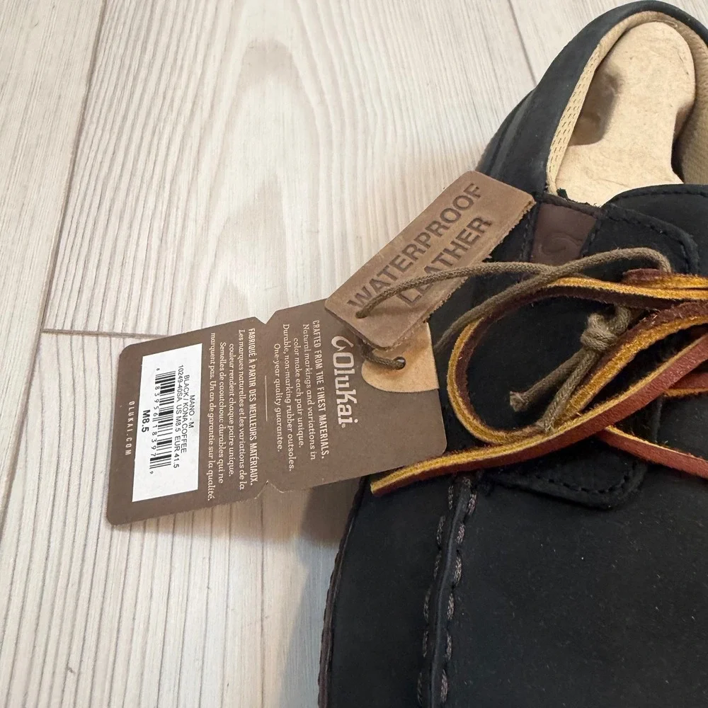 NEW OluKai Mano Black Kona Coffee Waterproof Leather Boat Shoes Mens 8.5